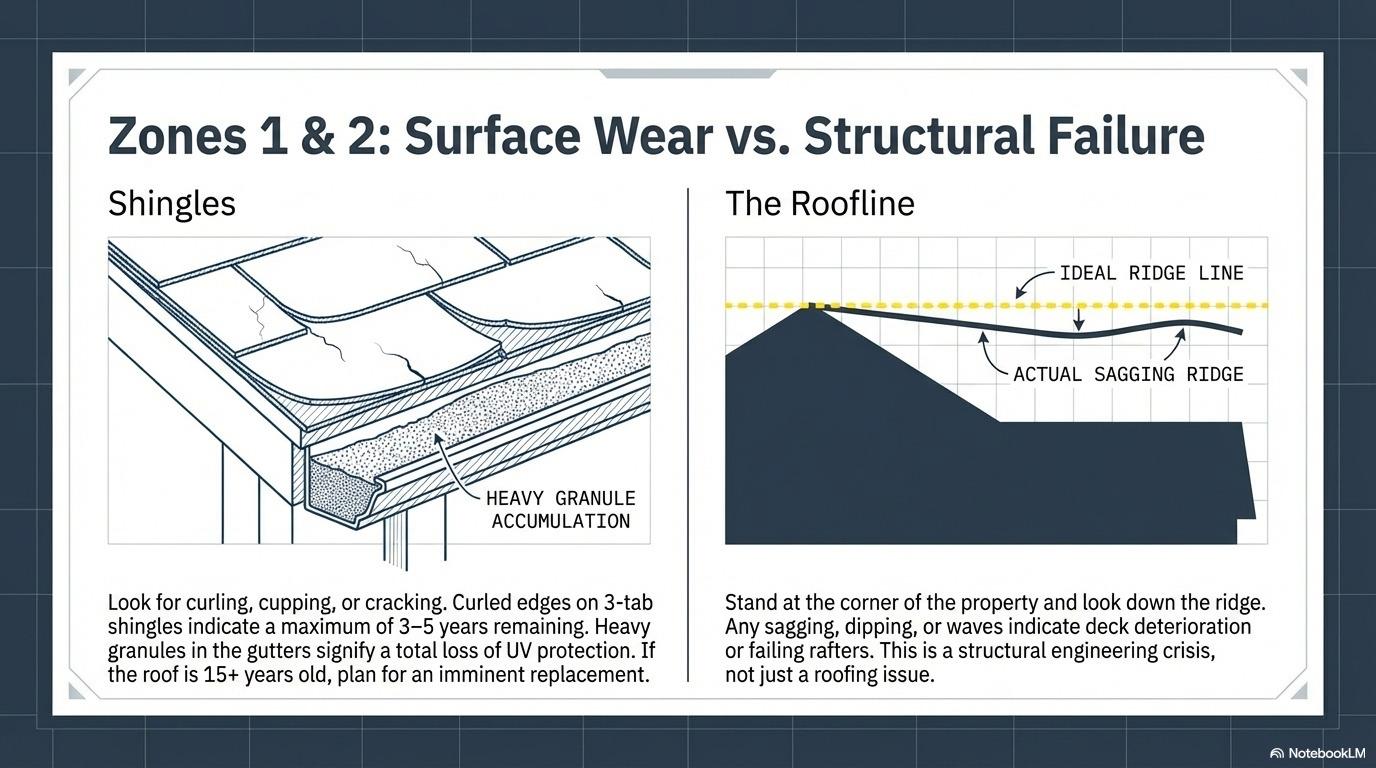 Diagram comparing asphalt shingle surface wear with granule loss versus roofline sagging and ridge failure on Ohio homes