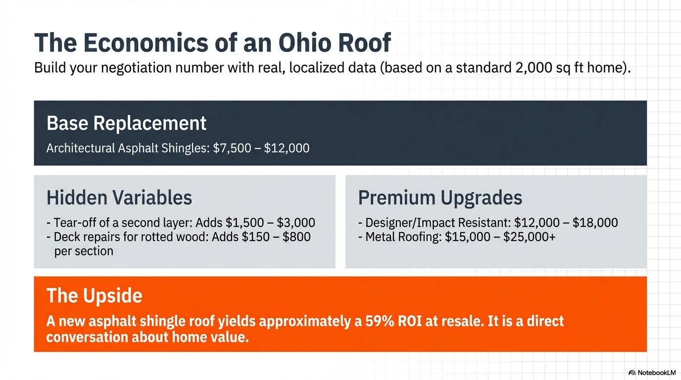 Chart showing Ohio roof replacement costs for a 2,000 sq ft home, including hidden variables and 59% ROI at resale for asphalt shingles