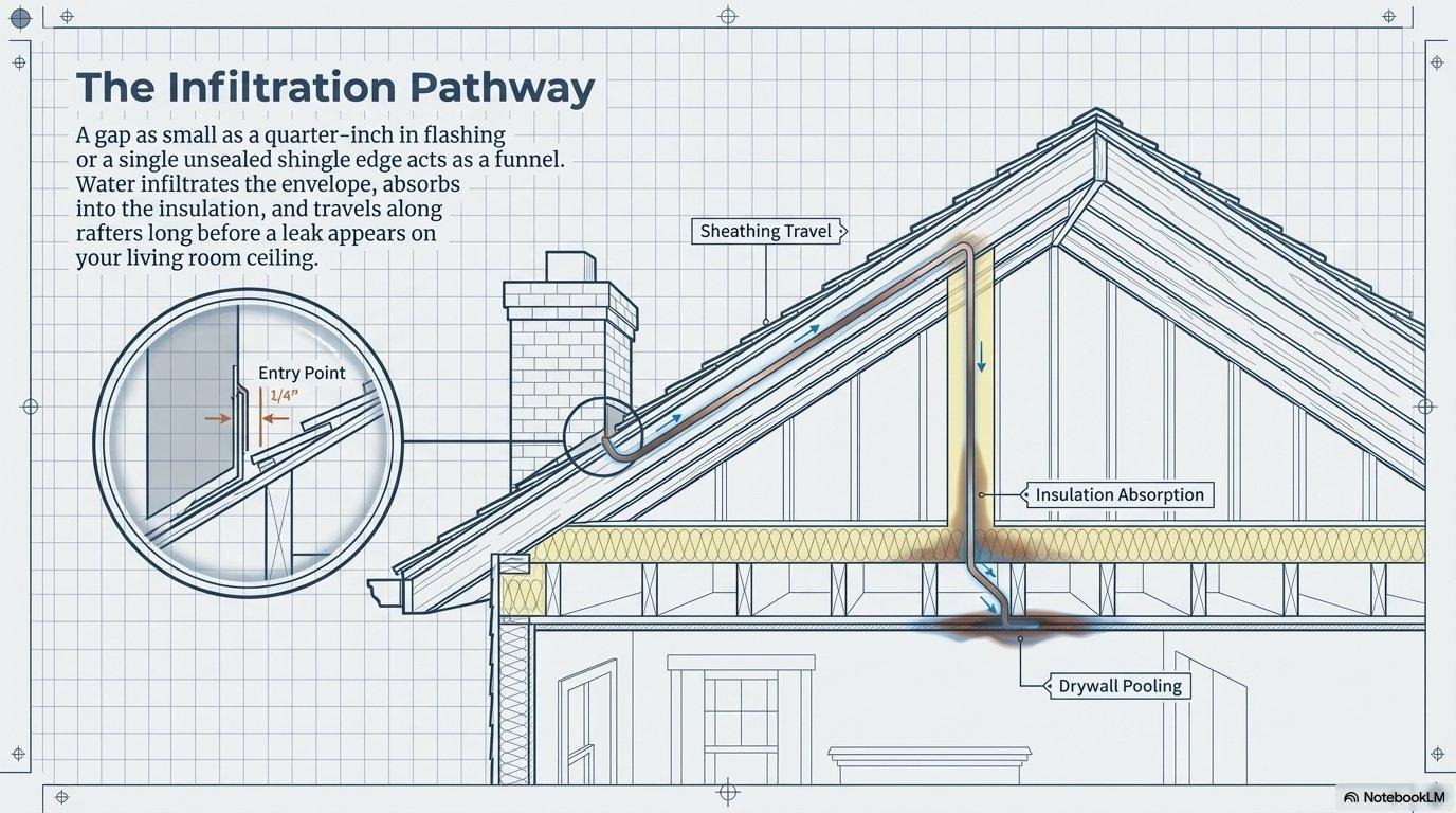 The Infiltration Pathway — how water enters through a gap and travels to your ceiling