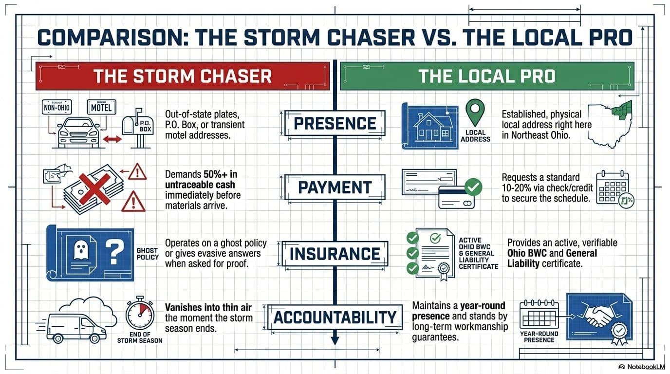 Side-by-side comparison infographic contrasting a storm chaser contractor and a local roofing professional across presence, payment, insurance, and accountability