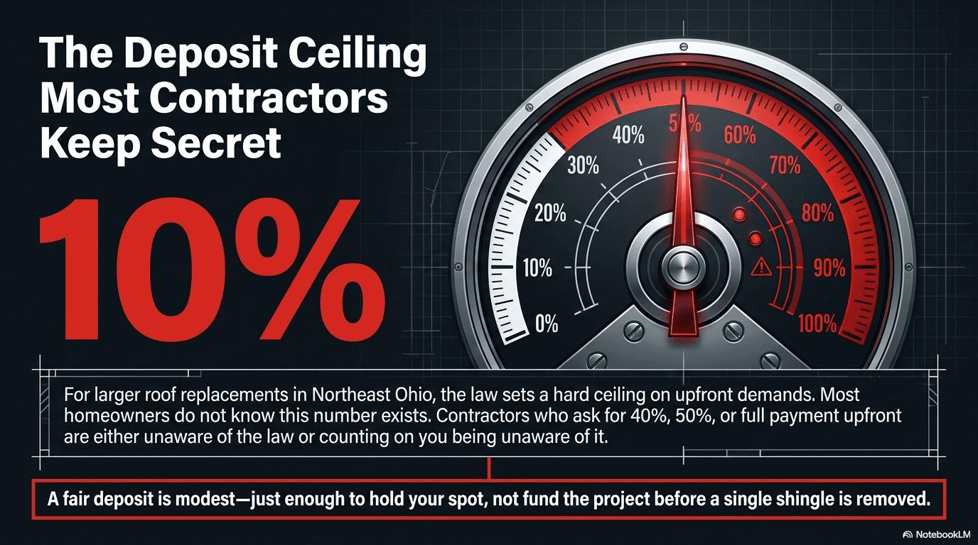 Infographic showing Ohio's 10% roofing deposit ceiling under ORC 4722 with a gauge meter illustrating that deposits above 40% to 100% are illegal on larger jobs