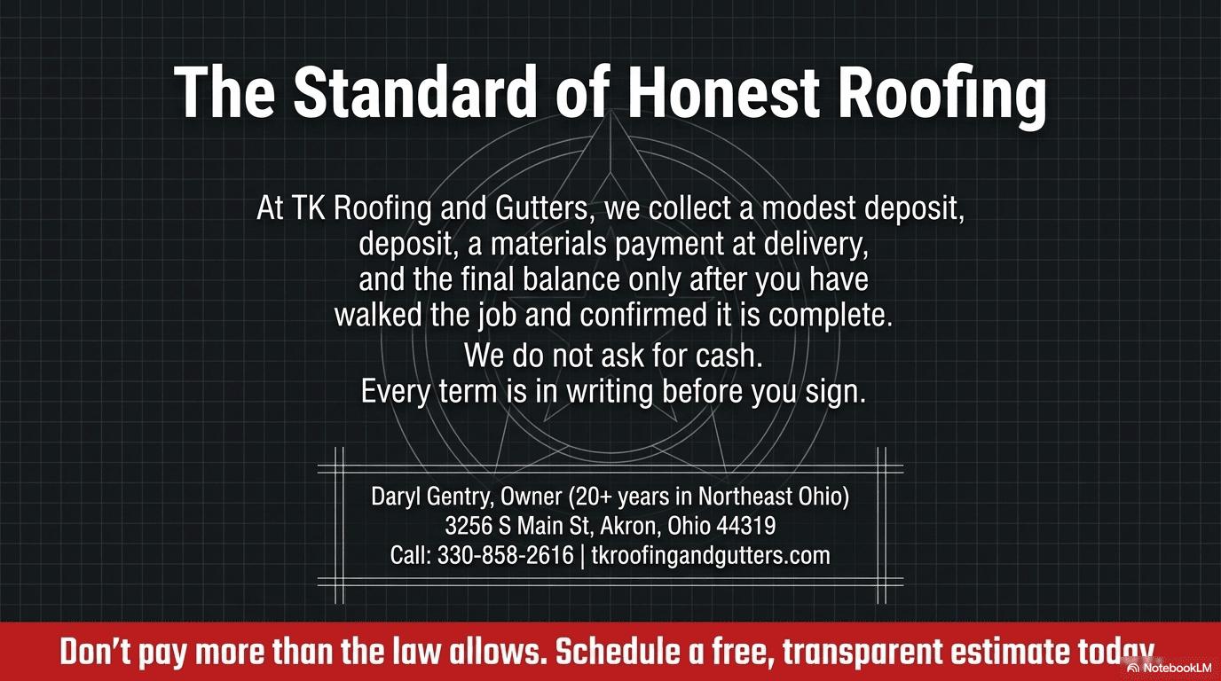 TK Roofing and Gutters infographic showing their honest payment structure with modest deposit, materials payment at delivery and final balance after job walkthrough