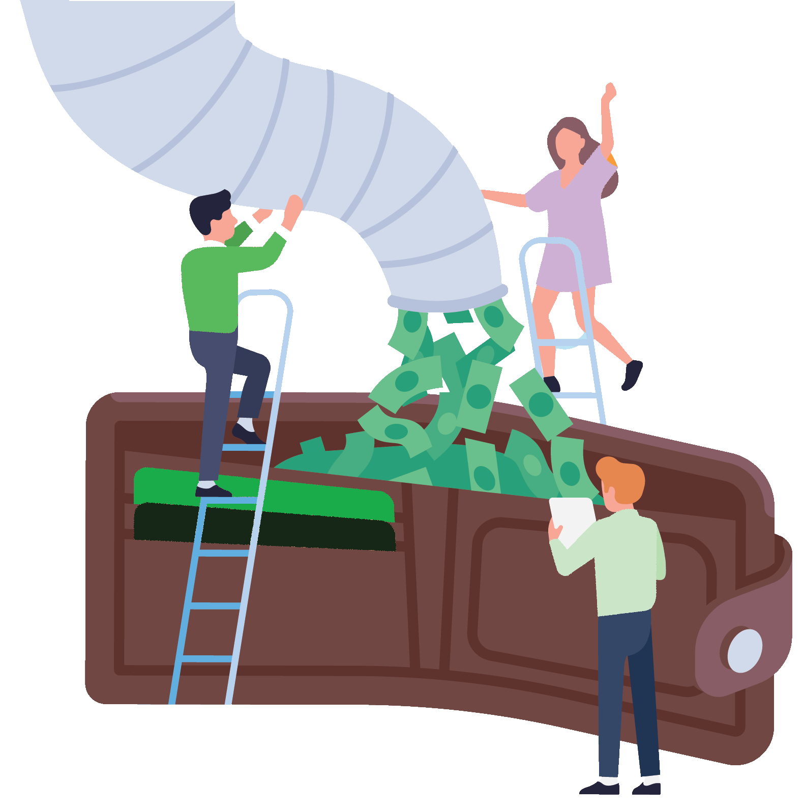 Cartoon of money getting funneled into customer's wallets.