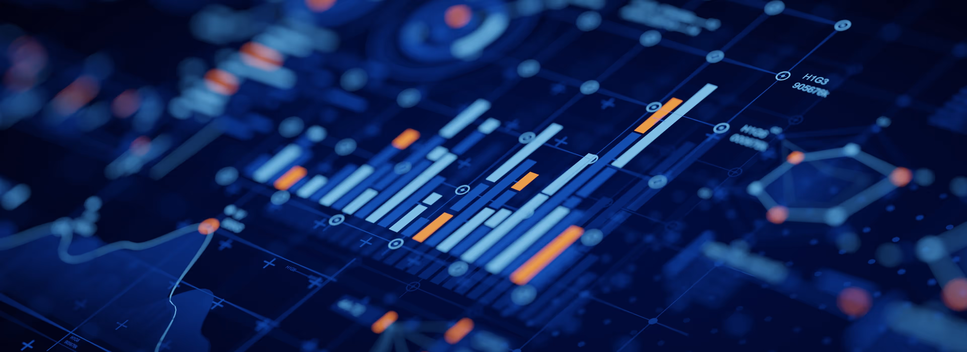 Digital blue-toned bar chart with orange highlights and connected data points on a futuristic interface.