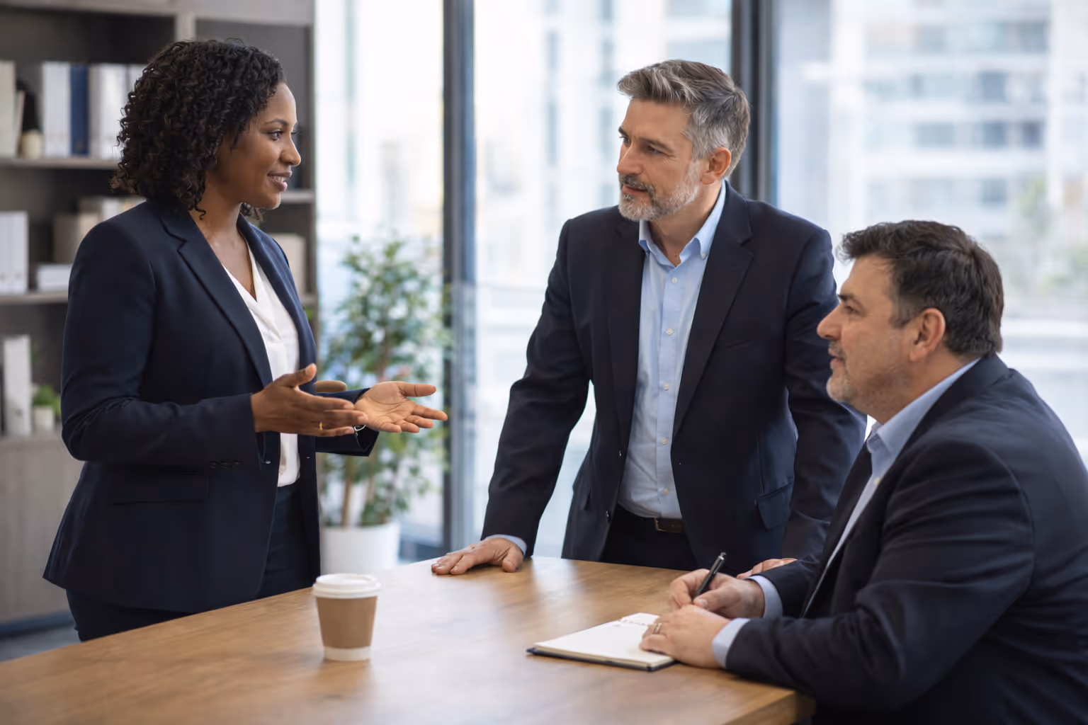 Businesswoman speaking to two male colleagues in a modern office meeting room.