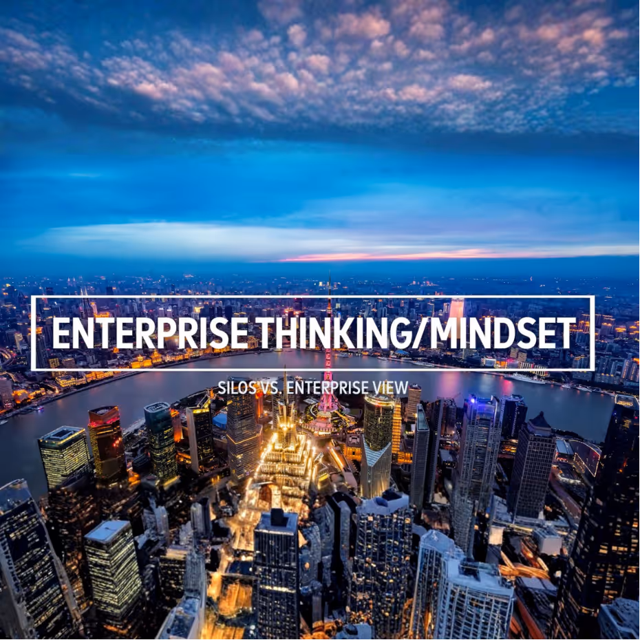 Aerial night view of a brightly lit city skyline with river, overlaid with text 'ENTERPRISE THINKING/MINDSET' and smaller text 'SILOS VS. ENTERPRISE VIEW'.