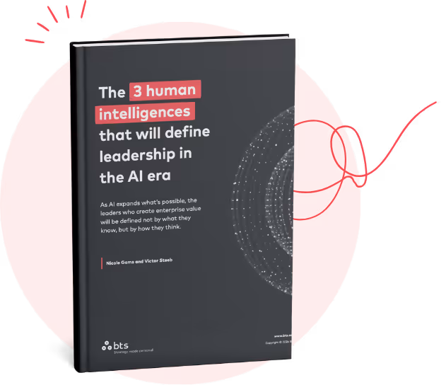 Book cover titled 'The 3 human intelligences that will define leadership in the AI era' with a subtitle about AI expanding possibilities and leadership by thinking, authored by Nicole Gams and Victor Steeb.
