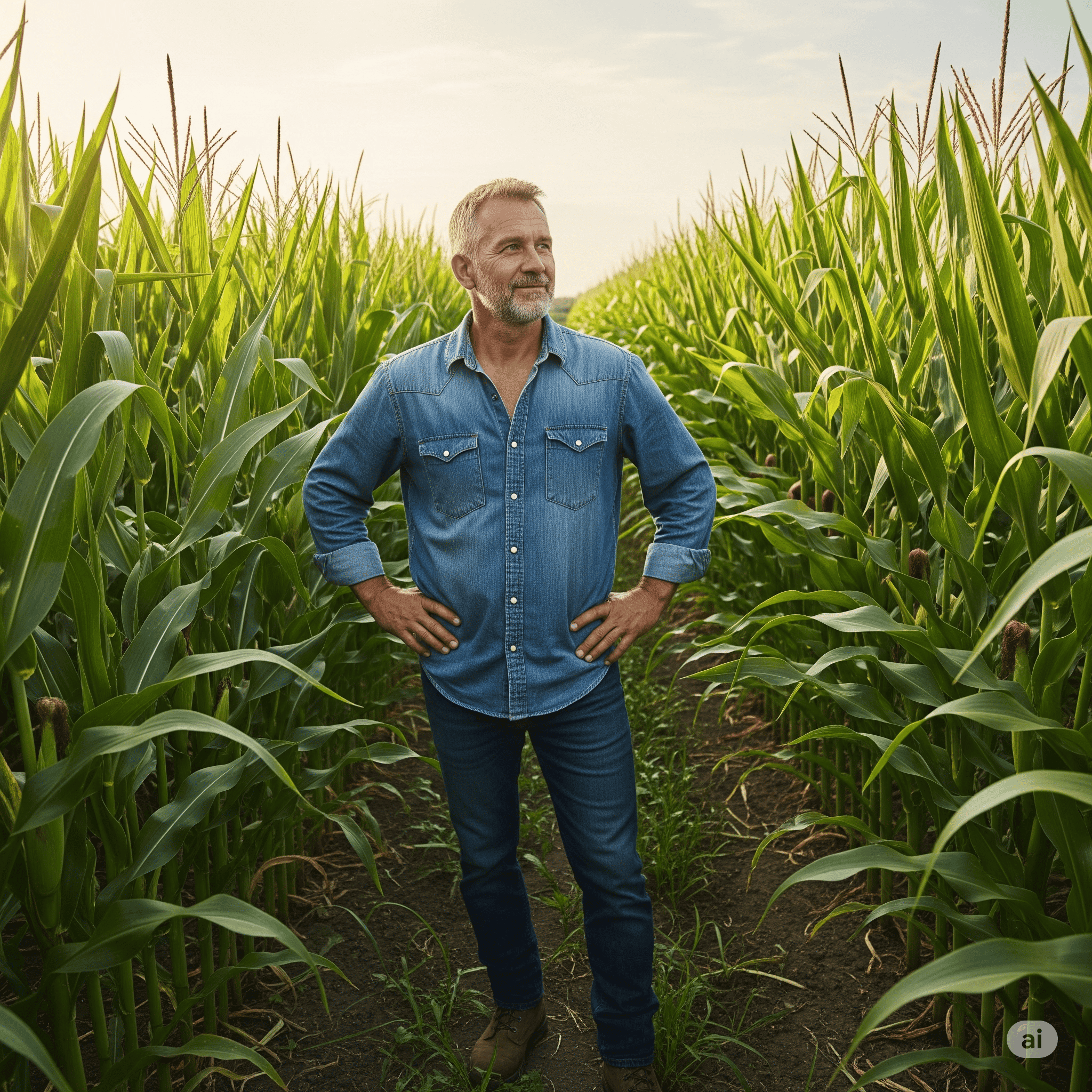 A man standing in a field of corn.