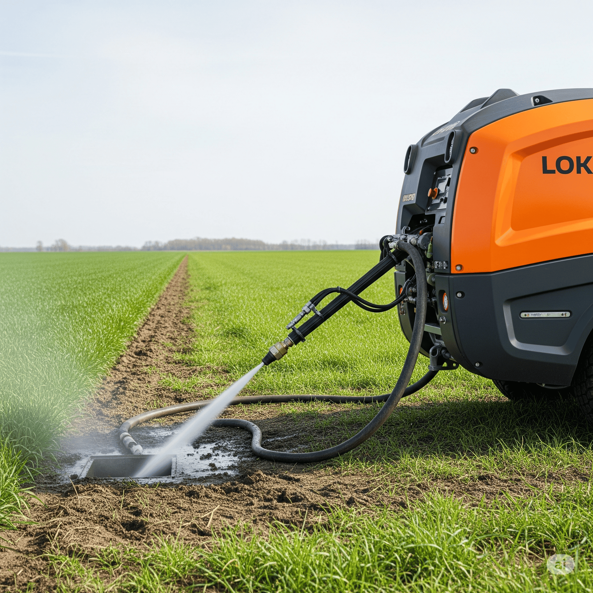 A large orange machine sprays water on a field.