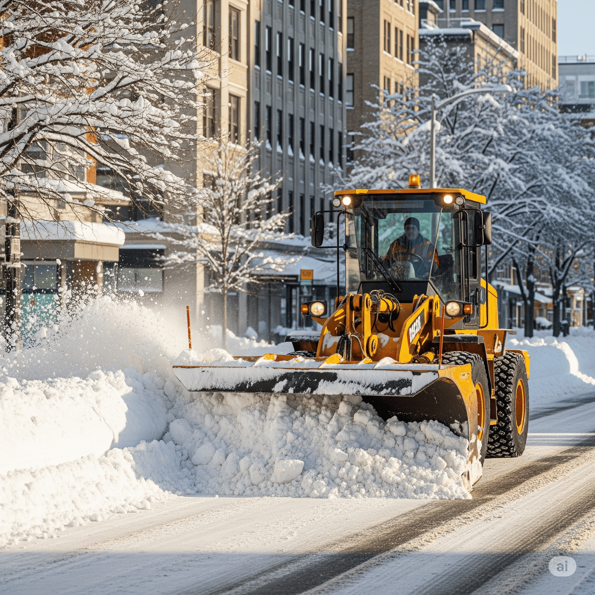 A yellow snow plow is clearing snow off the street.