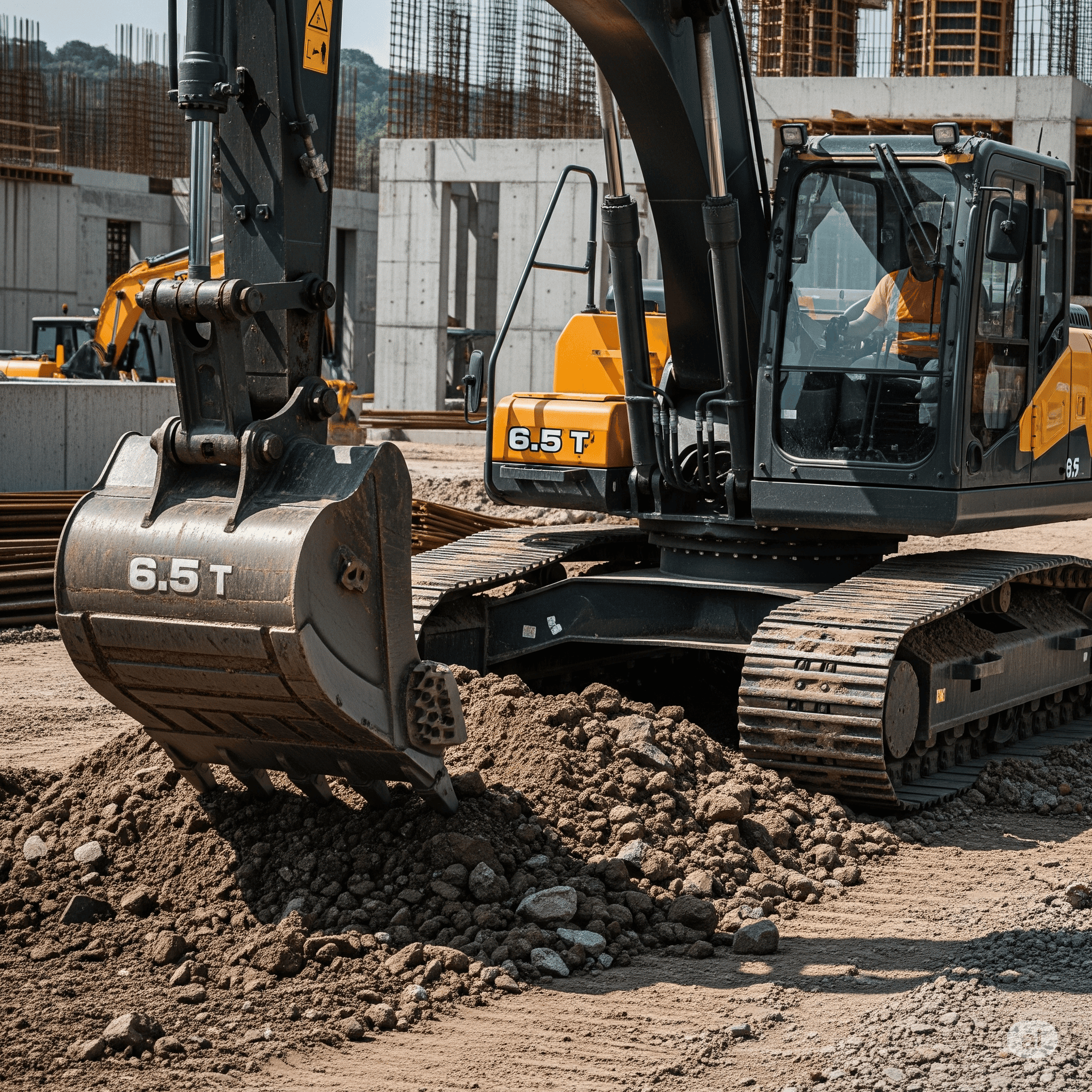 A large yellow excavator is digging up dirt.