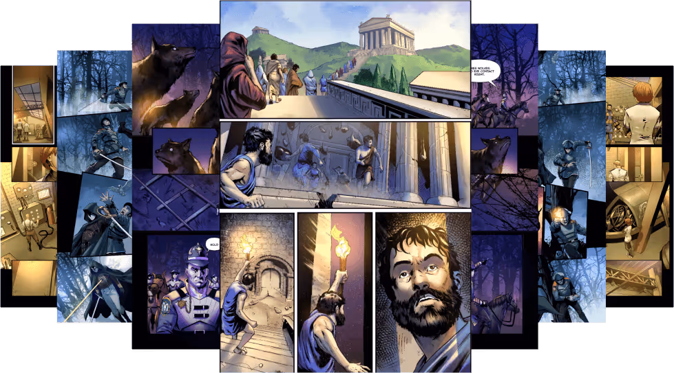Comic book page depicting a man with a beard exploring ancient ruins with a torch, scenes of soldiers, wolves in a forest, and people approaching a large ancient temple on a hill.
