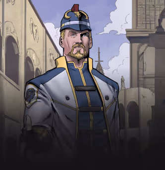 Illustration of a man in a blue and gray military-style uniform and helmet standing in a city street with historic buildings and cloudy sky in the background.