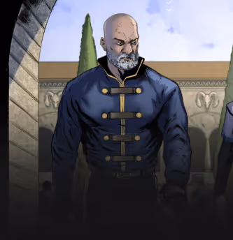 Bald man with gray beard in a dark uniform with gold buttons standing in an outdoor courtyard.