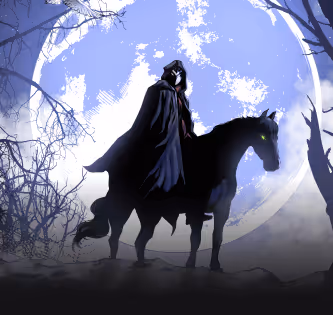 Silhouette of a cloaked figure with a mask riding a black horse with glowing green eyes against a large full moon and bare tree branches.