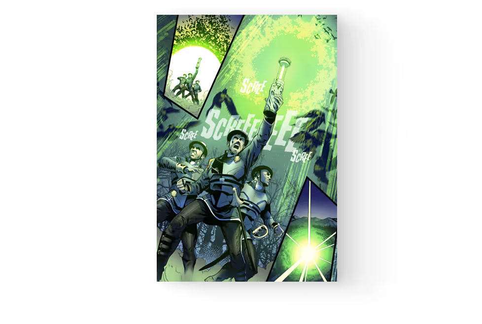 Comic panel showing three soldiers in armor reacting to a bright green light emitted from a torch held by the central figure, with the sound effect 'Scree' repeated in the background.