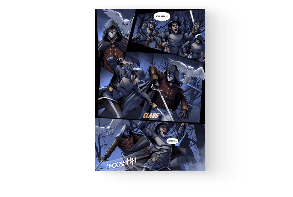 Comic panel showing a hooded figure with a white owl confronting armored soldiers at night with sword fights and action sounds.