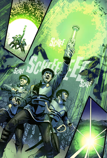 Comic-style artwork of three uniformed figures holding a glowing torch emitting green light and the word 'SCORE' in the background.