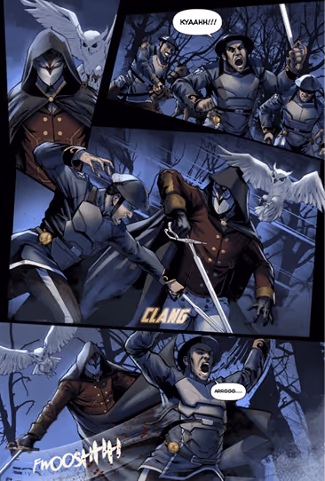 Comic panels showing a cloaked figure with a sword fighting armored soldiers in a dark forest illuminated by a white owl.