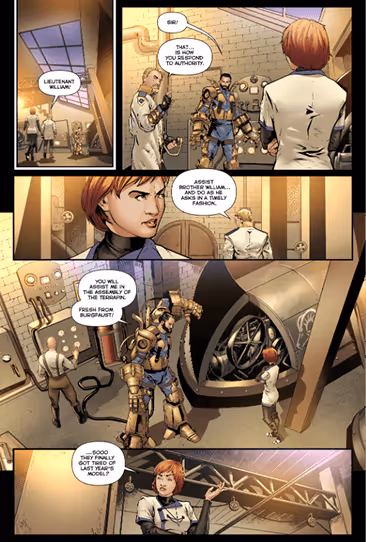 Comic panels showing a woman addressing a man in mechanical armor, discussing assistance and a new assembly of a terrarium inside a workshop with large machinery.