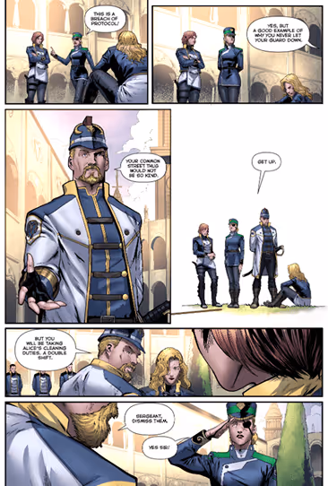 Comic panels showing a confrontation between two female officers and a seated blonde woman, a stern male officer in uniform addressing them, telling the seated woman to get up and assigning her extra cleaning duties.