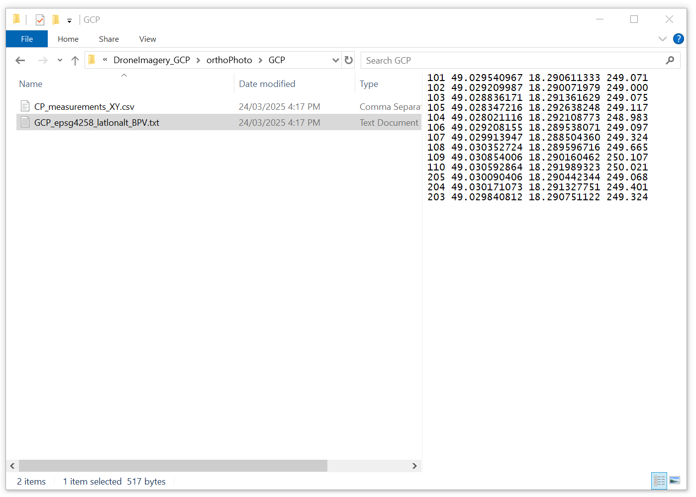 A .txt file containing GCP coordinates