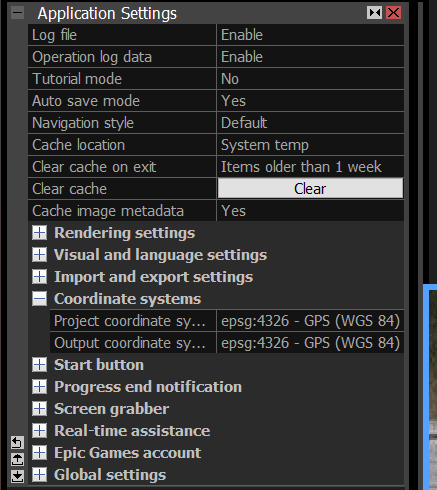 RealityCapture Application Settings Screen