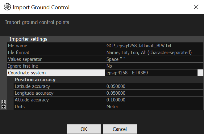 Reality Capture Import Ground Control Settings