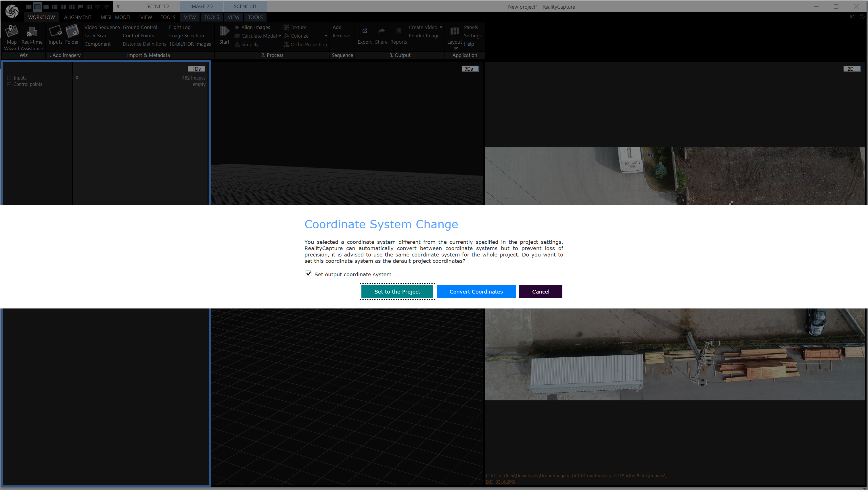 RealityCapture Convert Coordinates Popup