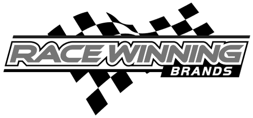 Race Winning Brands logo with bold text over a waving black and white checkered racing flag.