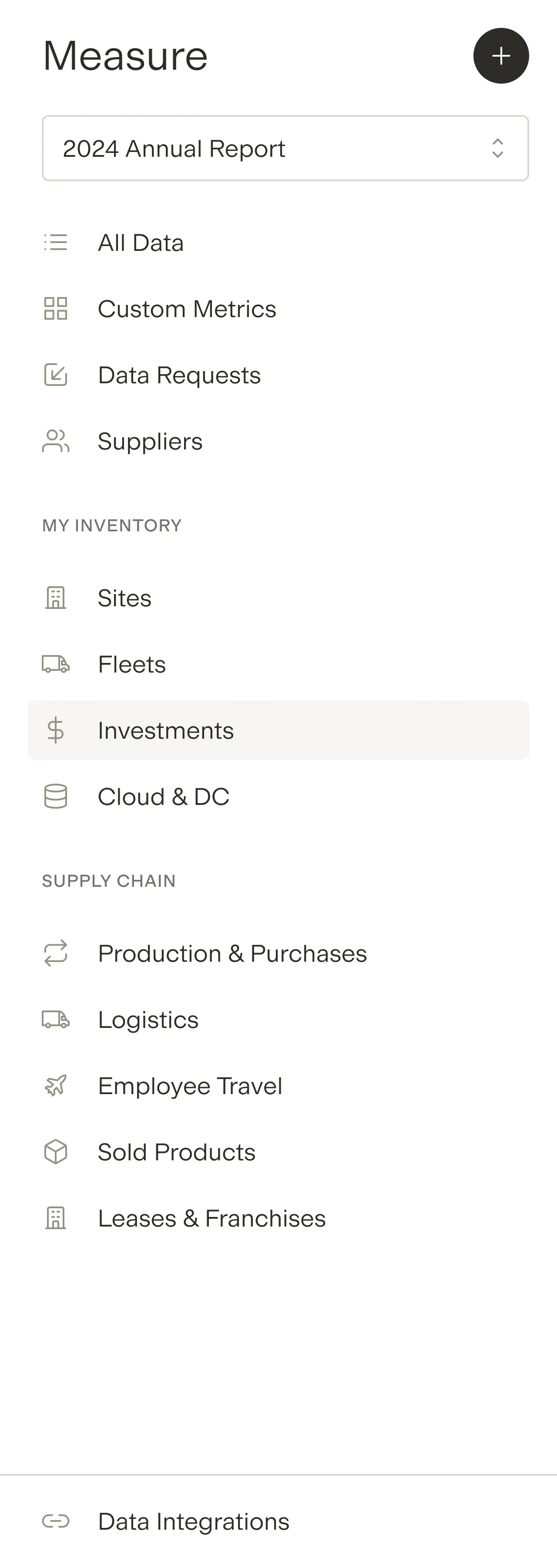 Sidebar menu titled Measure with dropdown 2024 Annual Report and sections for All Data, Custom Metrics, Data Requests, Suppliers, My Inventory with Sites, Fleets, Investments highlighted, Cloud & DC, Supply Chain with Production & Purchases, Logistics, Employee Travel, Sold Products, Leases & Franchises, and Data Integrations.