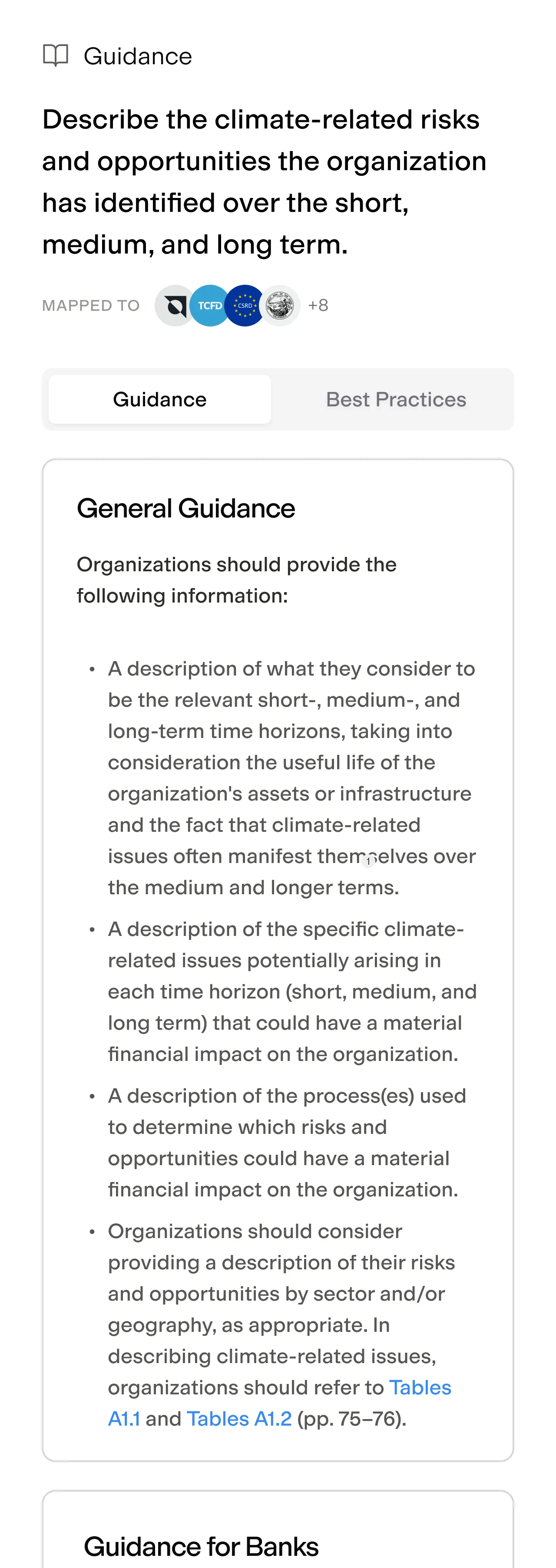 Text-based guidance on describing climate-related risks and opportunities over short, medium, and long term, including general guidance for organizations.