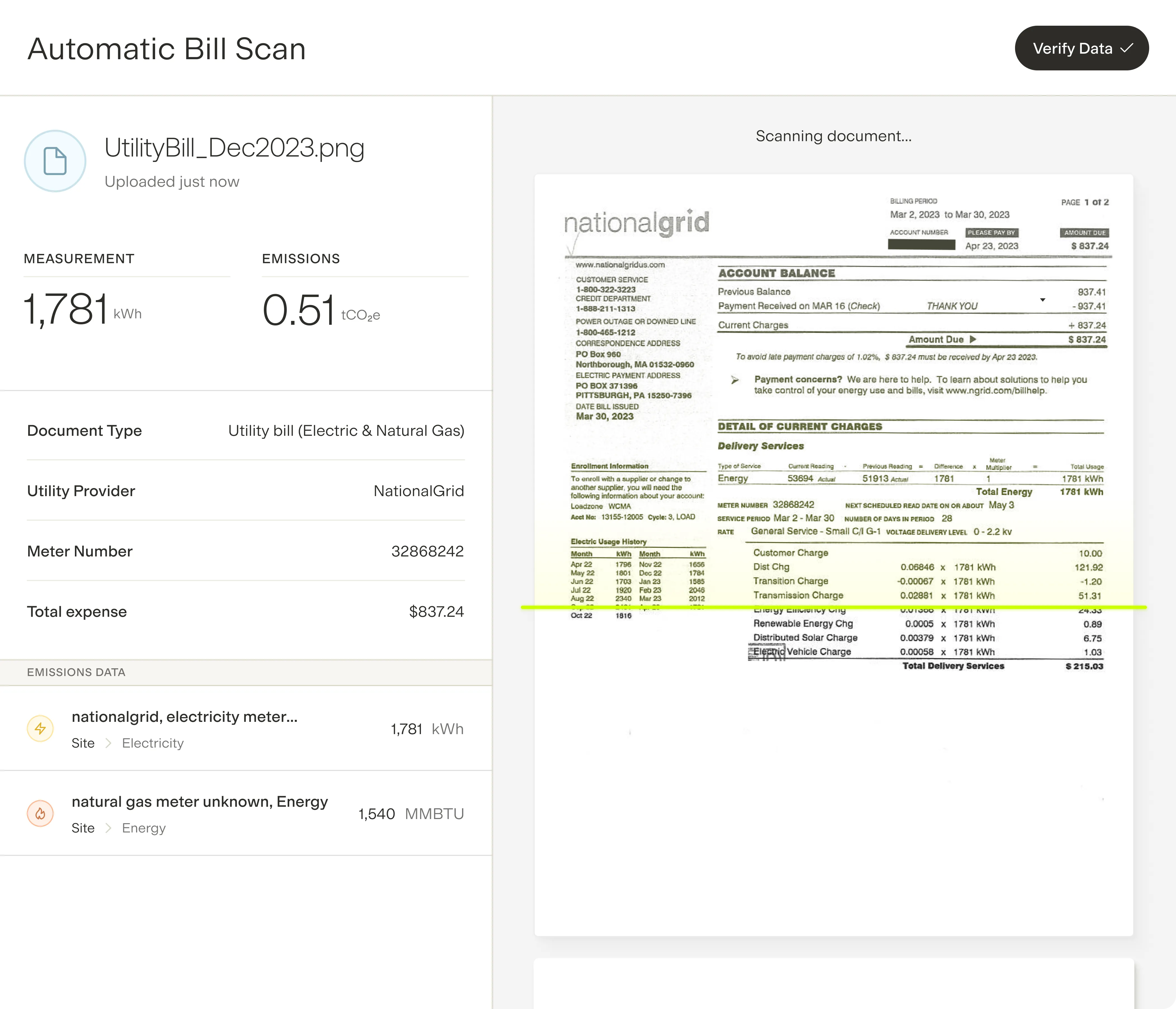 Screenshot of an automatic bill scan page showing a utility bill image with details including 1,781 kWh measurement, 0.51 tCO2e emissions, NationalGrid as utility provider, meter number 32868242, and total expense of $837.24.