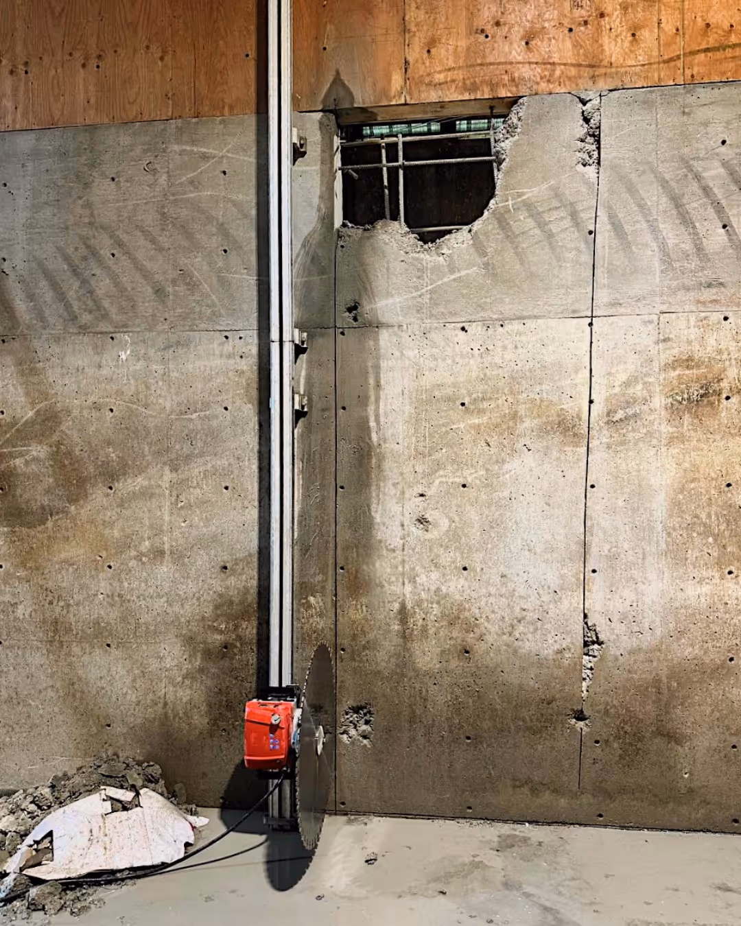 Metal guide installed for precision wall saw cutting.