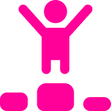 Pink icon of a person standing on the top of a three-level podium with arms raised.