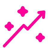 Bright pink upward trending arrow surrounded by four sparkle icons symbolizing fast growth or return on investment.