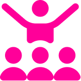 Pink icon of a person with raised arms standing above three people, representing leadership or team support.