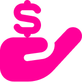 Pink icon of a hand holding a dollar symbol.