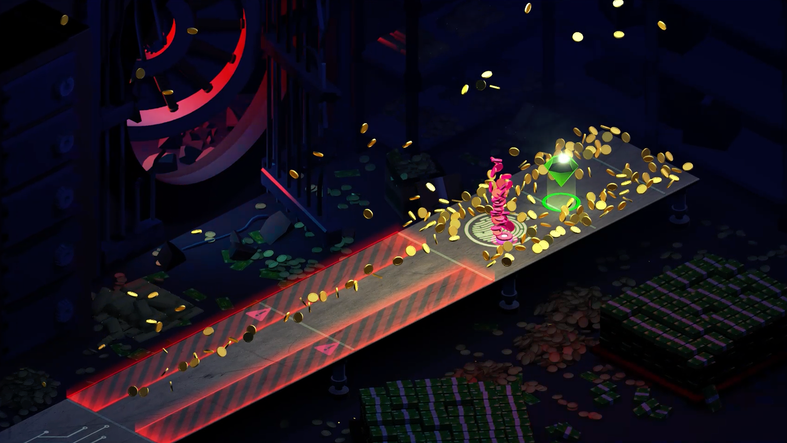Digital animation of a heist vault with gold coins scattered and stacks of money, featuring a green glowing gem on a table.