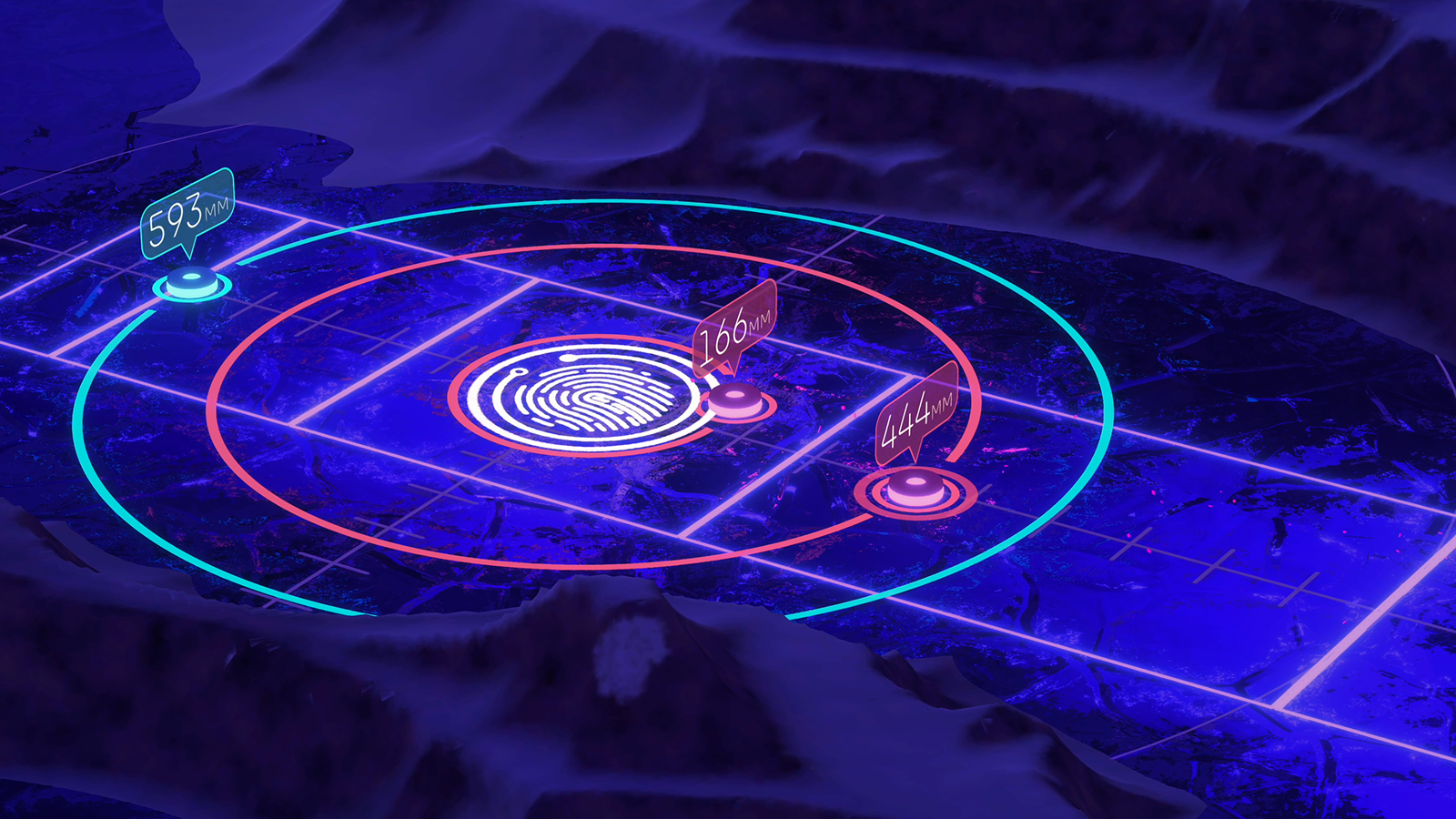 Digital fingerprint at the center of a neon-lit grid with three markers displaying distances in millimeters: 593 mm, 166 mm, and 444 mm.