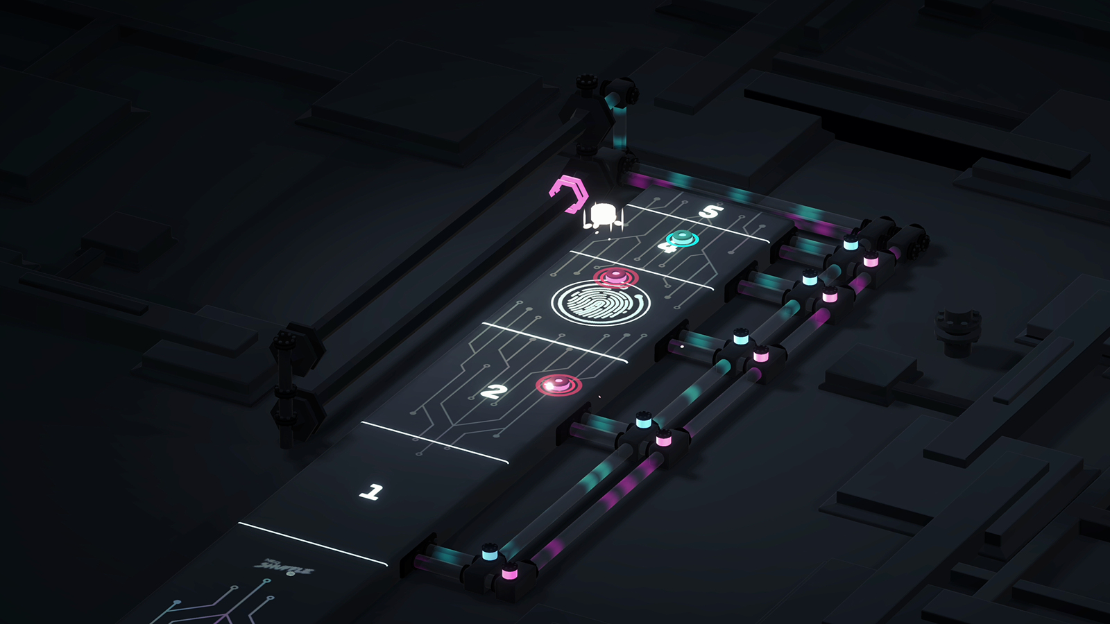 Dark digital circuit board with illuminated fingerprint icon, numbered sections, and neon blue and pink interconnected tubes.