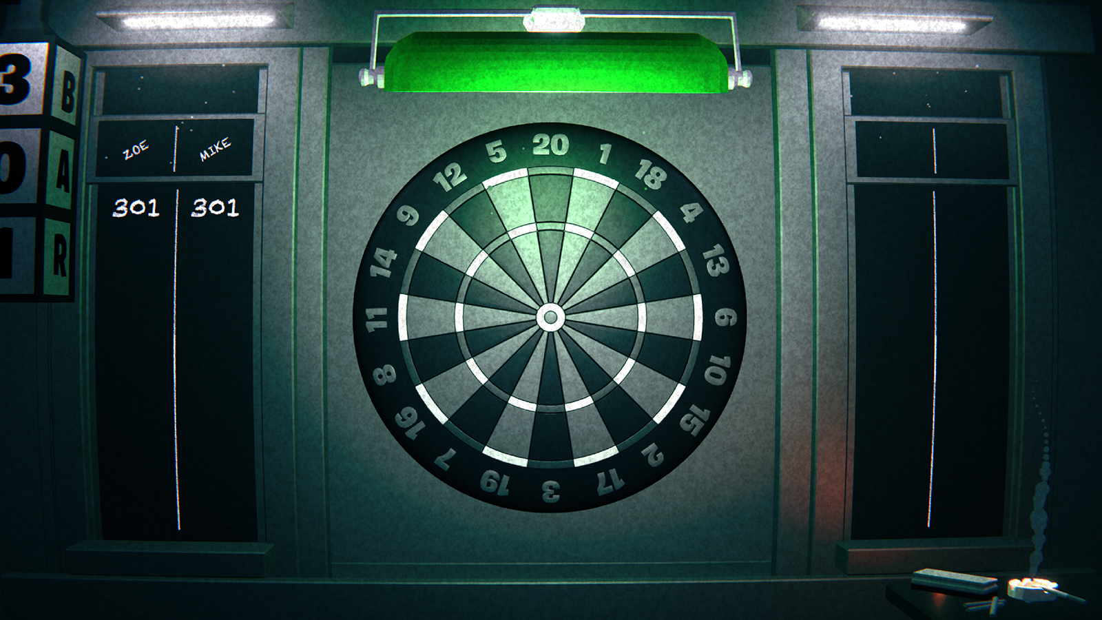 Dartboard on a wall lit by a green lamp, with scoreboards showing Zoe and Mike tied at 301 points