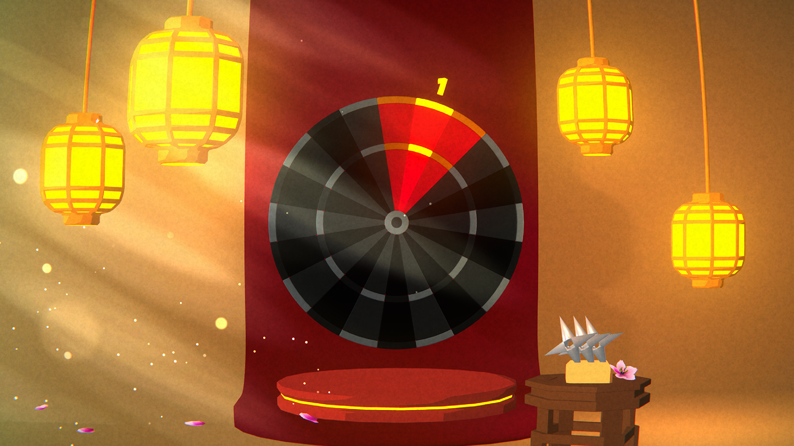 Red and black dartboard with a glowing number 1 at top, hanging in a warm-lit room with four yellow lanterns and a small wooden table holding three silver shurikens and a pink flower.