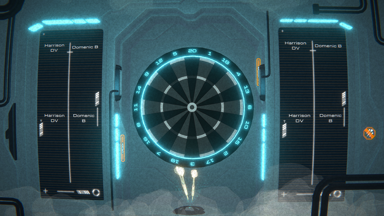 A futuristic digital dartboard with glowing blue numbers and two darts at the bottom center, flanked by two vertical scoreboard panels displaying the names Harrison DV and Domenic B.