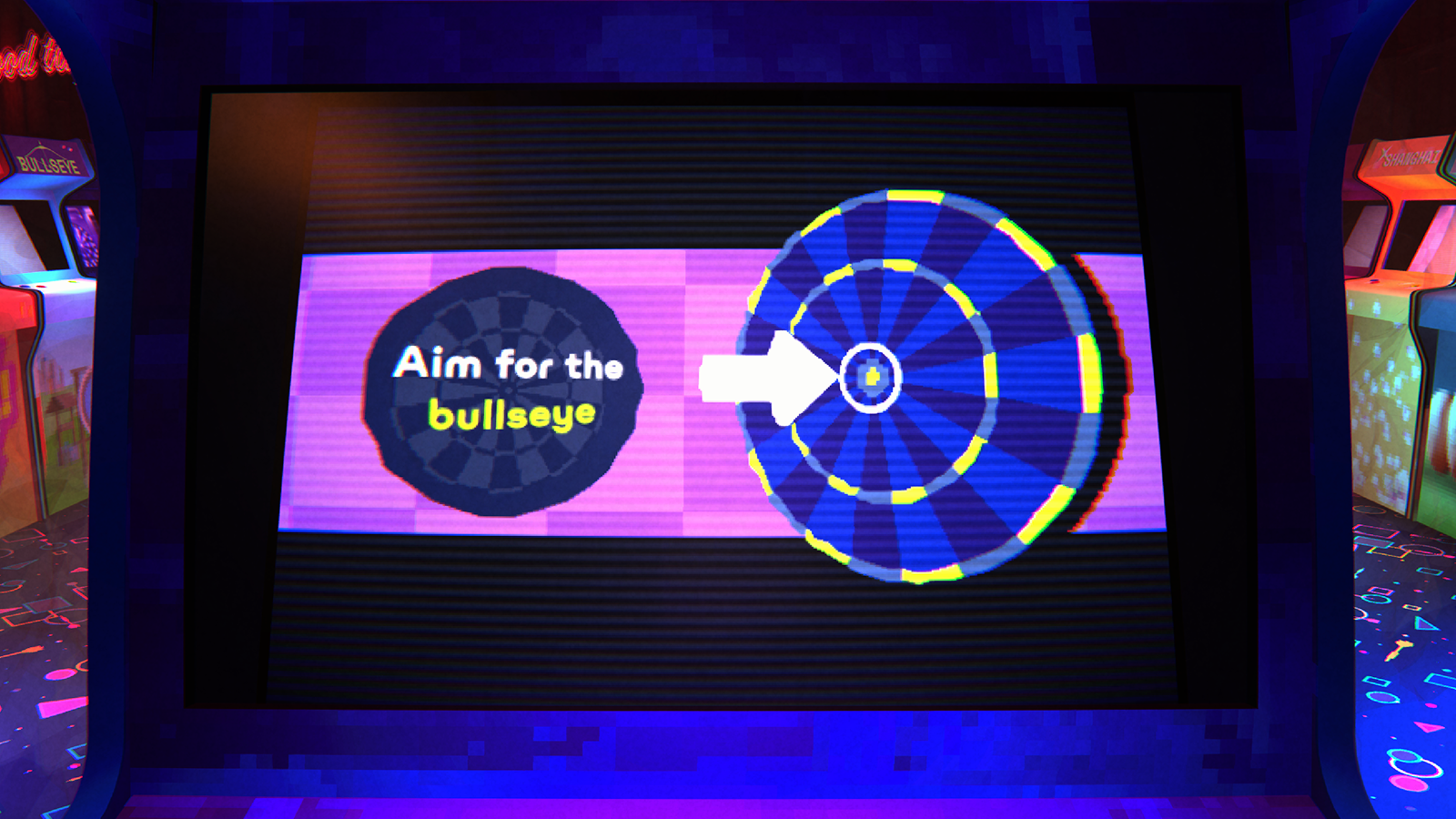Arcade screen showing a dartboard with an arrow pointing to the bullseye and text reading 'Aim for the bullseye'.