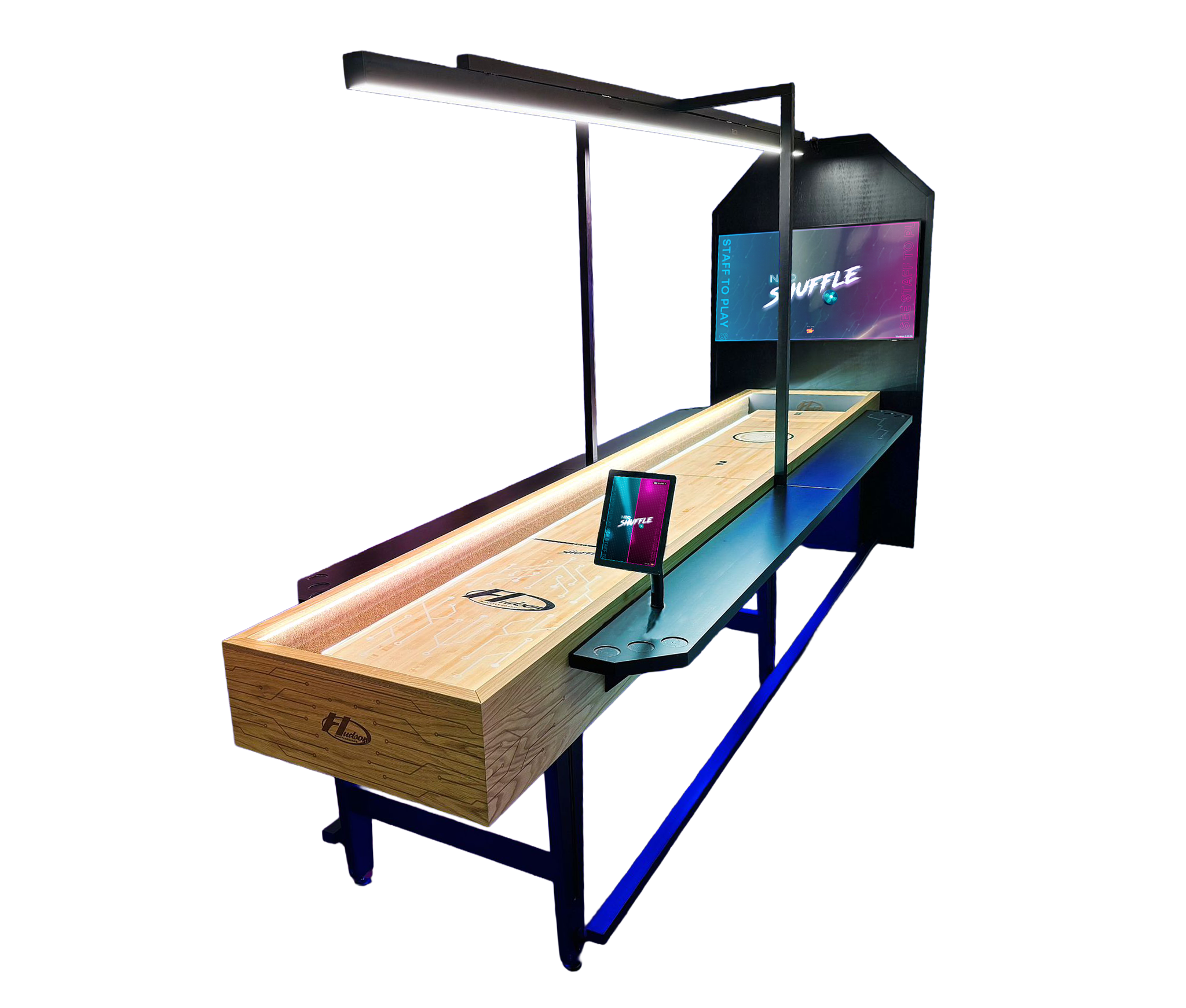 Neoshuffle shuffleboard table with a wooden playing surface, digital screens, and overhead lighting in a dark setting.