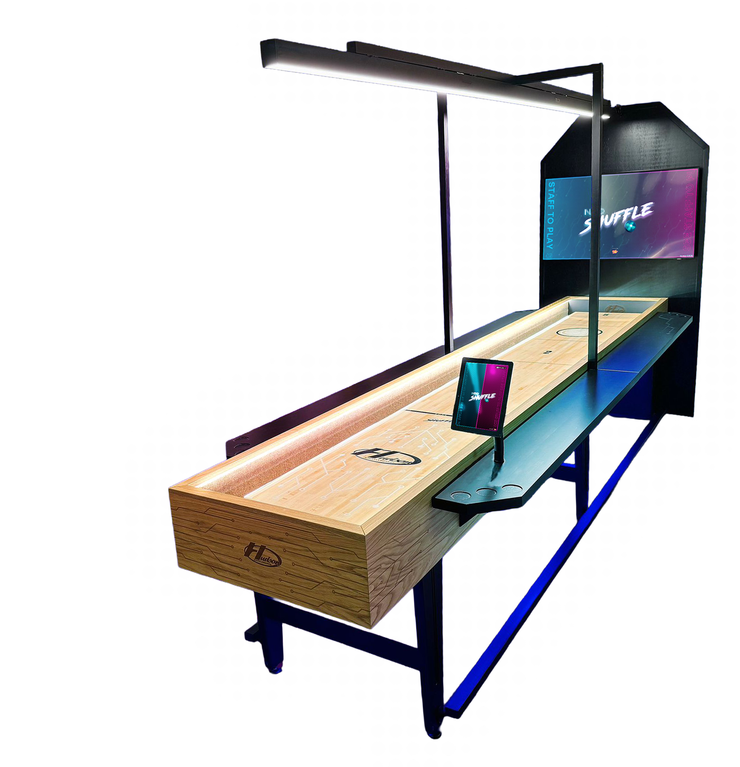 Neoshuffle table with wooden surface, overhead lighting, scoreboard screen, and attached tablet for game control.