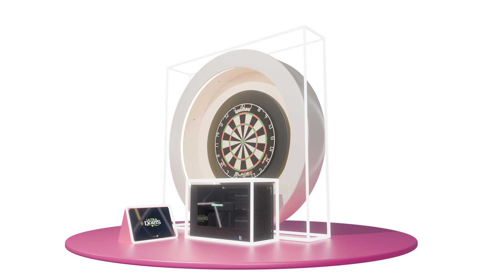 Modern digital dartboard setup with a white frame, a digital display screen, and a small control tablet labeled 'Ultra Darts'.