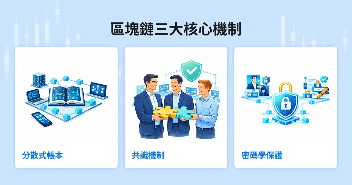 區塊鏈三大核心機制:三個框框,包含分散式帳本、共識機制、密碼學保護