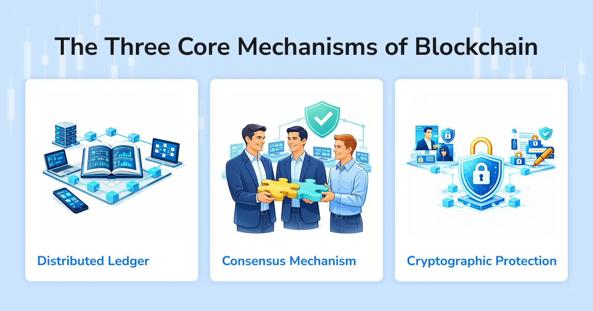 Three Core Mechanisms:Distributed Ledger, Consensus Mechanism, Cryptographic Security
